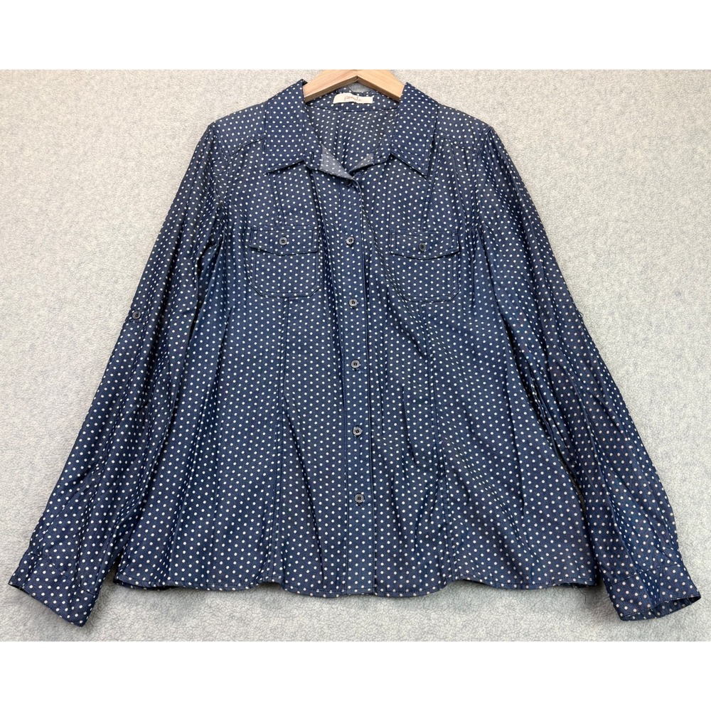 Pomelo Womens Button Up Shirt Blue White Polka Dot Long Sleeve Flap Pockets M
